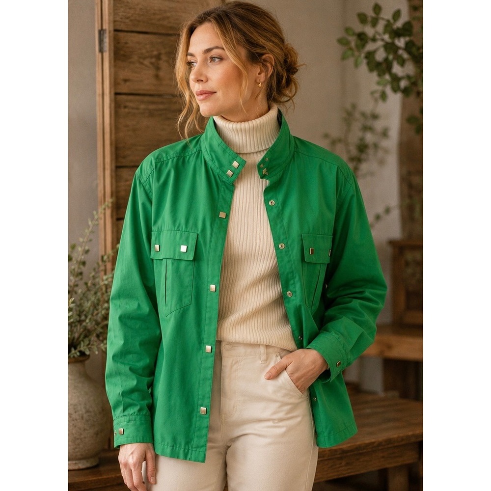 Vintage Obermeyer Made in Japan Kelly Green Snap Front Utility Jacket L 80s 90s